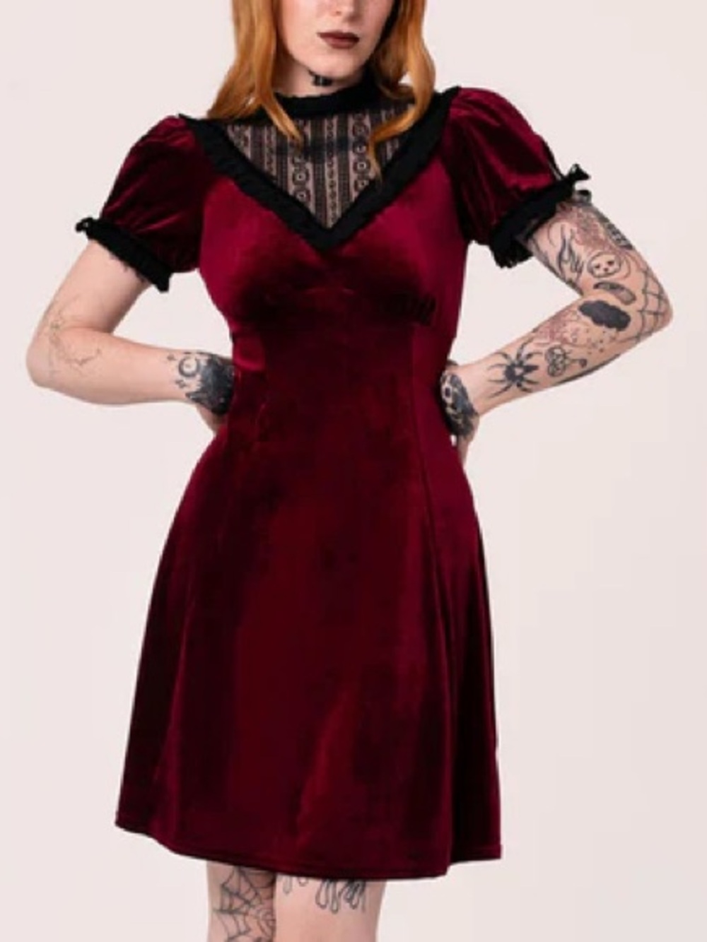 Hell Bunny Burgundy Velvet Mini Dress with Black Lace Trim
